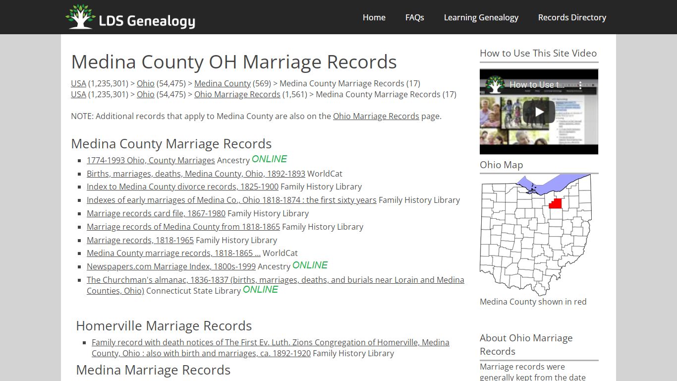 Medina County OH Marriage Records - LDS Genealogy